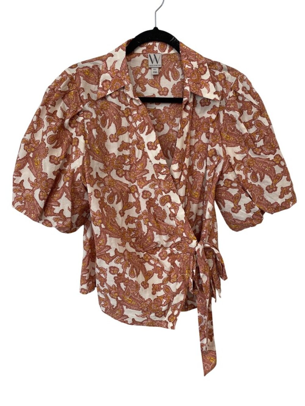 Worthington Wrap Blouse XXL Paisley Print Short Puff Sleeve Peasant Top Office